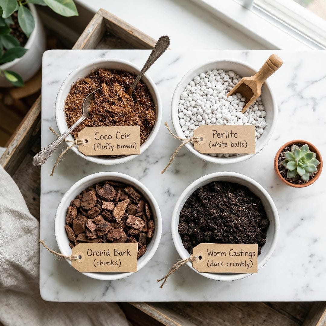 Four small white bowls viewed from above, each containing a different soil ingredient: coco coir, perlite, orchid bark, and worm castings.